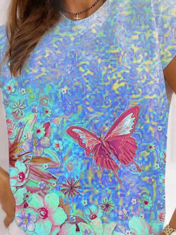Casual Round Neck Butterfly Print Short-sleeved T-shirt - T-shirts - INS | Online Fashion Free Shipping Clothing, Dresses, Tops, Shoes - 07/06/2021 - Color_Blue - Color_Green