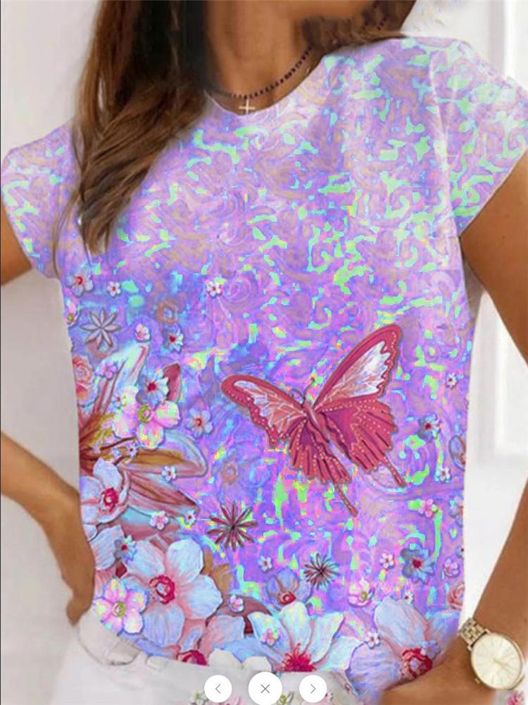 Casual Round Neck Butterfly Print Short-sleeved T-shirt - T-shirts - INS | Online Fashion Free Shipping Clothing, Dresses, Tops, Shoes - 07/06/2021 - Color_Blue - Color_Green