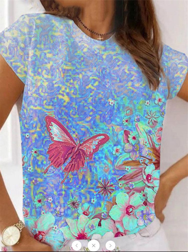 Casual Round Neck Butterfly Print Short-sleeved T-shirt - T-shirts - INS | Online Fashion Free Shipping Clothing, Dresses, Tops, Shoes - 07/06/2021 - Color_Blue - Color_Green