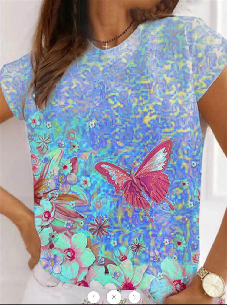 Casual Round Neck Butterfly Print Short-sleeved T-shirt - T-shirts - INS | Online Fashion Free Shipping Clothing, Dresses, Tops, Shoes - 07/06/2021 - Color_Blue - Color_Green