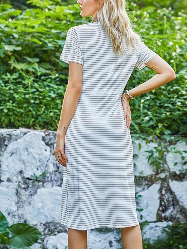 Casual Round Neck Short Sleeve Striped Knitted Dress - Dresses - INS | Online Fashion Free Shipping Clothing, Dresses, Tops, Shoes - 18/03/2021 - Color_White - Dress