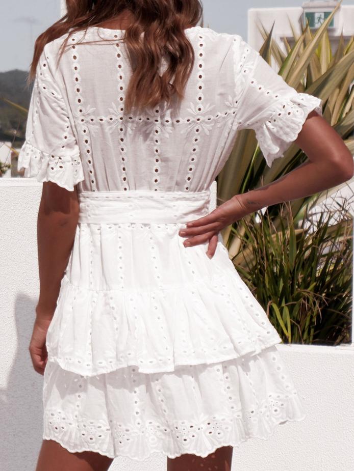 Casual Short Sleeve V-Neck Cutout Mini Dress - Mini Dresses - INS | Online Fashion Free Shipping Clothing, Dresses, Tops, Shoes - 11/06/2021 - Category_Mini Dresses - Color_White