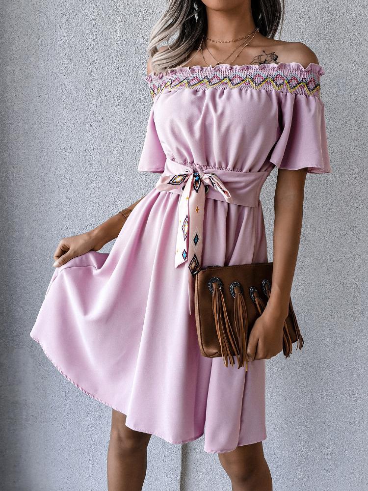 Casual Short-sleeved Embroidered Off-shoulder Tie Belt Dress - Mini Dresses - INS | Online Fashion Free Shipping Clothing, Dresses, Tops, Shoes - 23/07/2021 - 30-40 - color-pink