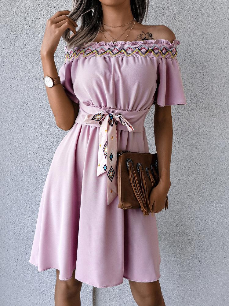 Casual Short-sleeved Embroidered Off-shoulder Tie Belt Dress - Mini Dresses - INS | Online Fashion Free Shipping Clothing, Dresses, Tops, Shoes - 23/07/2021 - 30-40 - color-pink