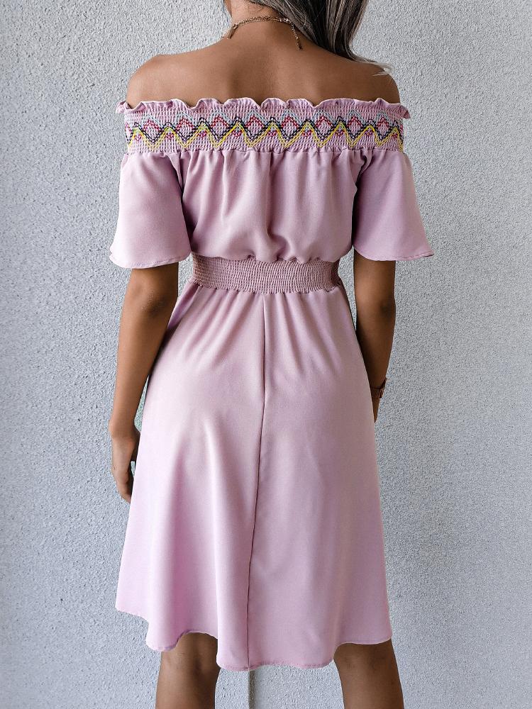 Casual Short-sleeved Embroidered Off-shoulder Tie Belt Dress - Mini Dresses - INS | Online Fashion Free Shipping Clothing, Dresses, Tops, Shoes - 23/07/2021 - 30-40 - color-pink