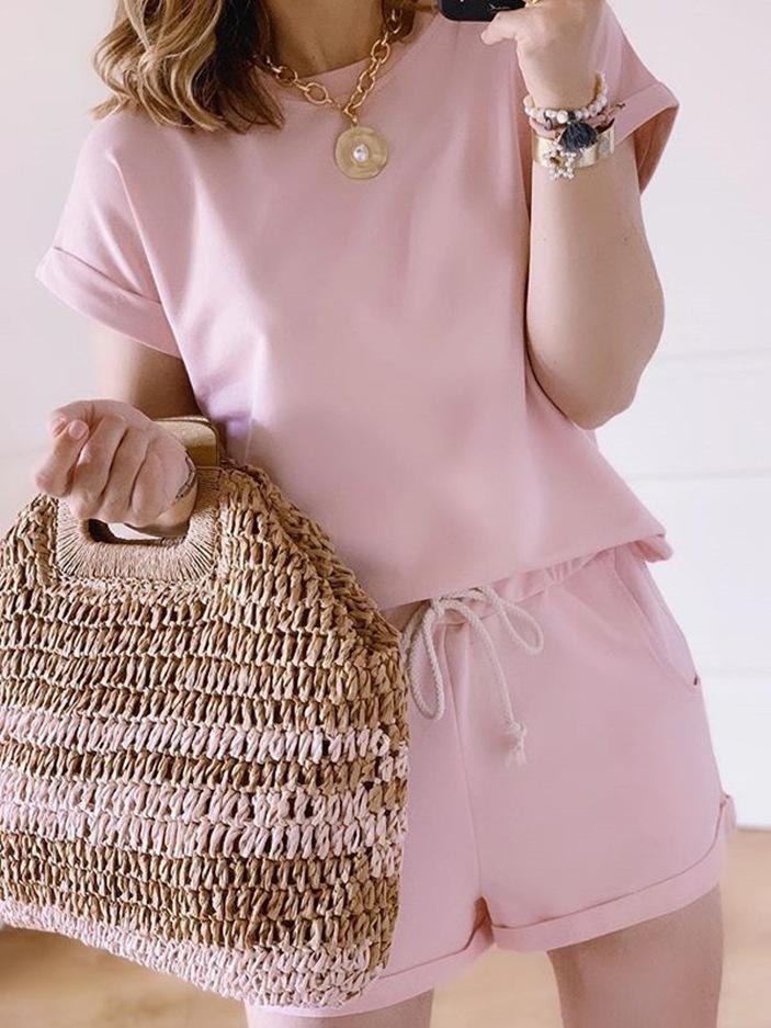 Casual Short-sleeved Round Neck Two-piece Suit - Size_2XL Suits Two-piece Outfits - INS | Online Fashion Free Shipping Clothing, Dresses, Tops, Shoes - 09/06/2021 - Color_Apricot - Color_Green