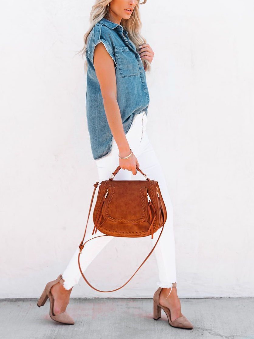 Casual Short-sleeved Solid Denim Shirt - Blouses - INS | Online Fashion Free Shipping Clothing, Dresses, Tops, Shoes - 20-30 - 22/07/2021 - BLO2107221243