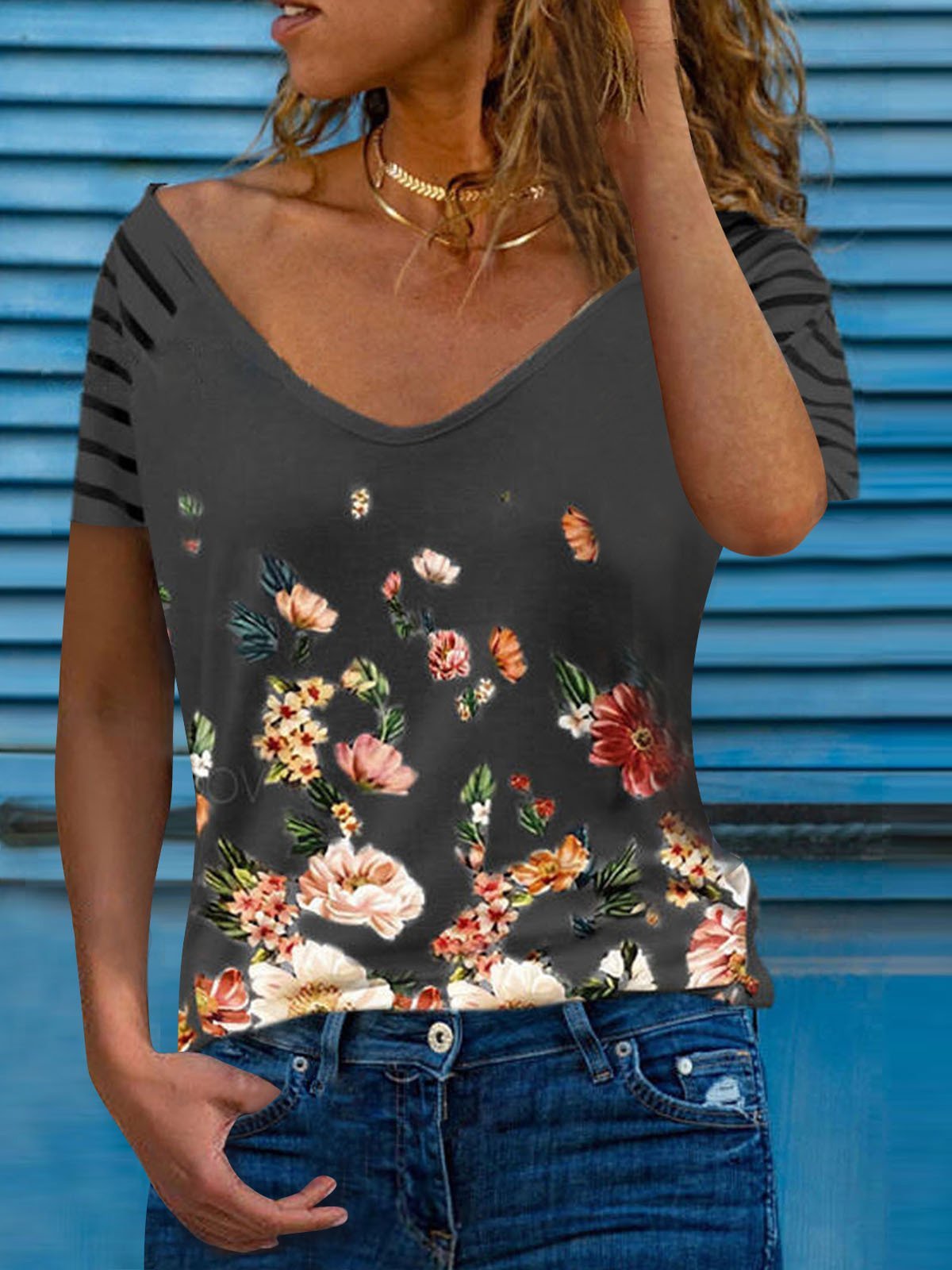 Casual Short-sleeved V-neck Loose T-shirt - T-shirts - INS | Online Fashion Free Shipping Clothing, Dresses, Tops, Shoes - 11/06/2021 - Color_Gray - Color_White