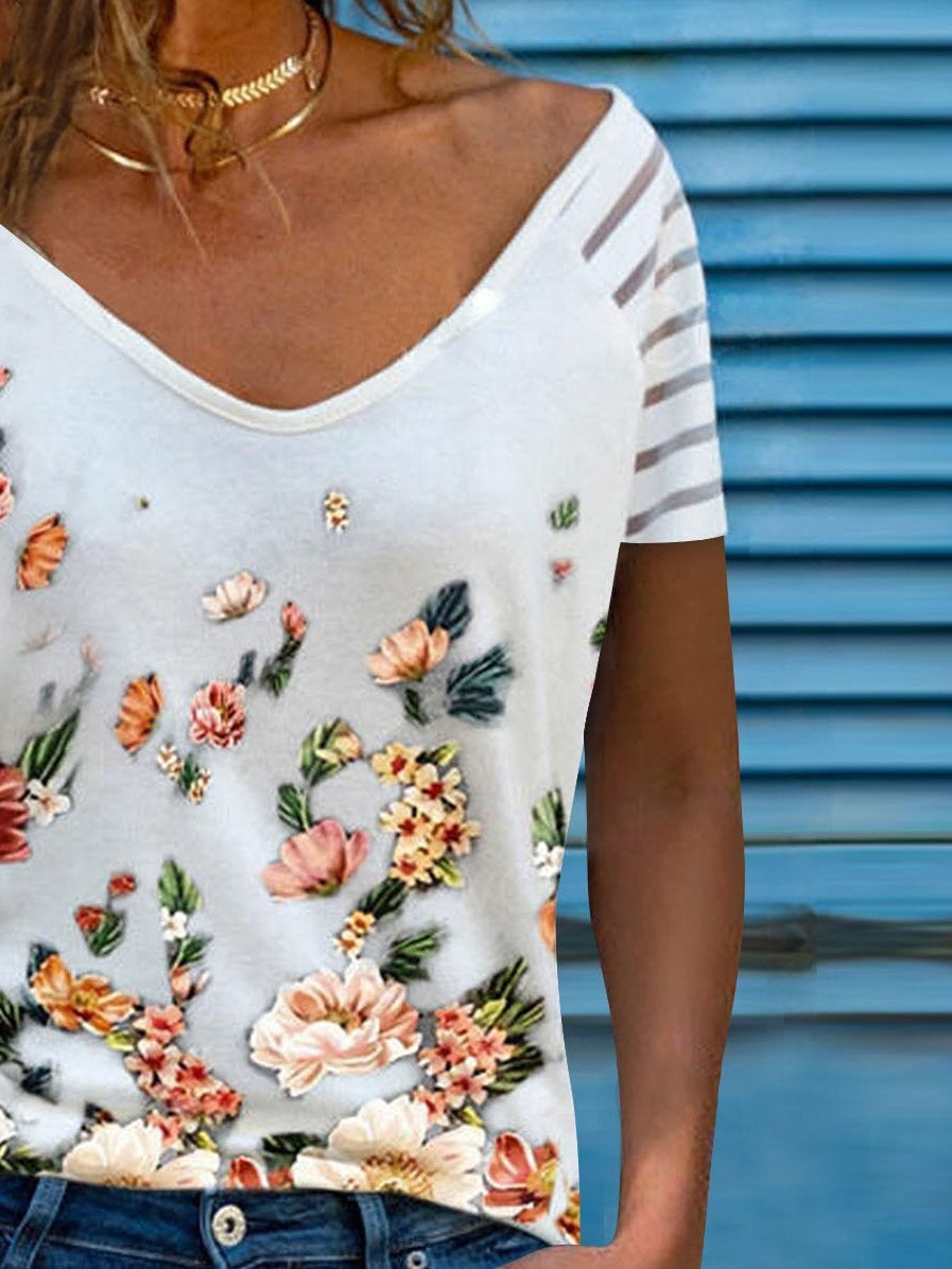 Casual Short-sleeved V-neck Loose T-shirt - T-shirts - INS | Online Fashion Free Shipping Clothing, Dresses, Tops, Shoes - 11/06/2021 - Color_Gray - Color_White