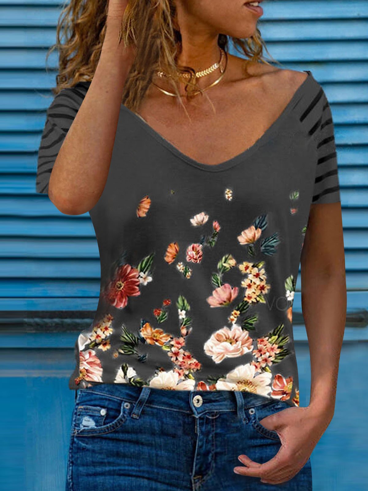 Casual Short-sleeved V-neck Loose T-shirt - T-shirts - INS | Online Fashion Free Shipping Clothing, Dresses, Tops, Shoes - 11/06/2021 - Color_Gray - Color_White