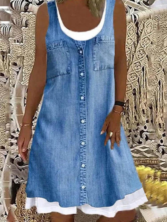 Casual Sleeveless Retro Stitching Mini Dress - Mini Dresses - INS | Online Fashion Free Shipping Clothing, Dresses, Tops, Shoes - 03/06/2021 - Color_Blue - Color_Gray