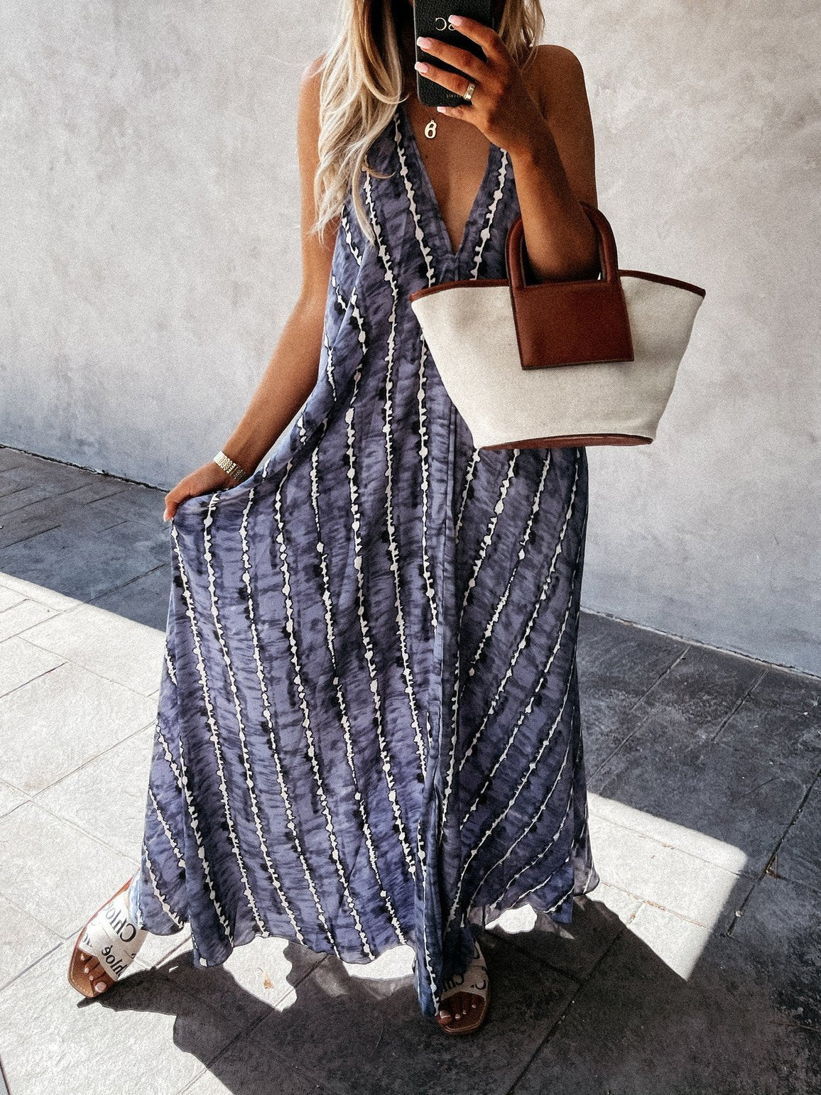 Casual Solid Color Striped Suspender Long Dress - Maxi Dresses - INS | Online Fashion Free Shipping Clothing, Dresses, Tops, Shoes - 03/06/2021 - Color_Blue - Color_Gray
