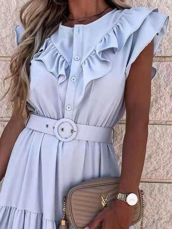 Casual Solid V-Neck Belt Short Sleeve Dress - Midi Dresses - INS | Online Fashion Free Shipping Clothing, Dresses, Tops, Shoes - 16/06/2021 - 40-50 - Category_Midi Dresses
