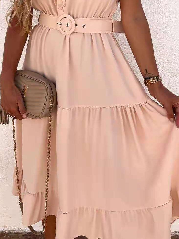 Casual Solid V-Neck Belt Short Sleeve Dress - Midi Dresses - INS | Online Fashion Free Shipping Clothing, Dresses, Tops, Shoes - 16/06/2021 - 40-50 - Category_Midi Dresses