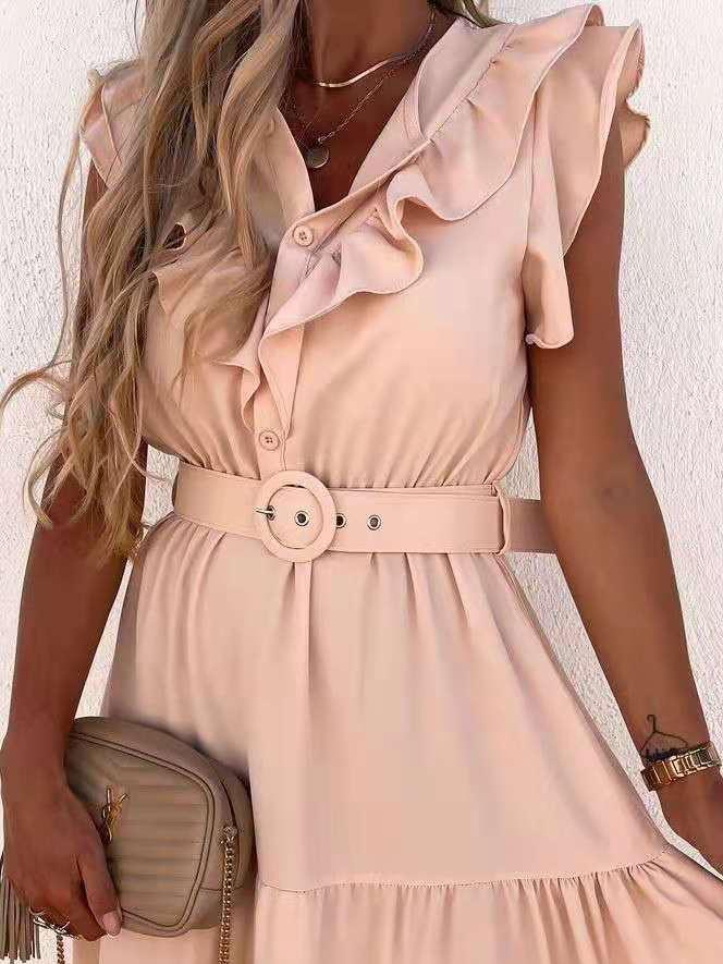 Casual Solid V-Neck Belt Short Sleeve Dress - Midi Dresses - INS | Online Fashion Free Shipping Clothing, Dresses, Tops, Shoes - 16/06/2021 - 40-50 - Category_Midi Dresses