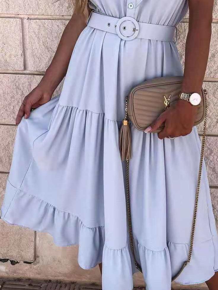 Casual Solid V-Neck Belt Short Sleeve Dress - Midi Dresses - INS | Online Fashion Free Shipping Clothing, Dresses, Tops, Shoes - 16/06/2021 - 40-50 - Category_Midi Dresses