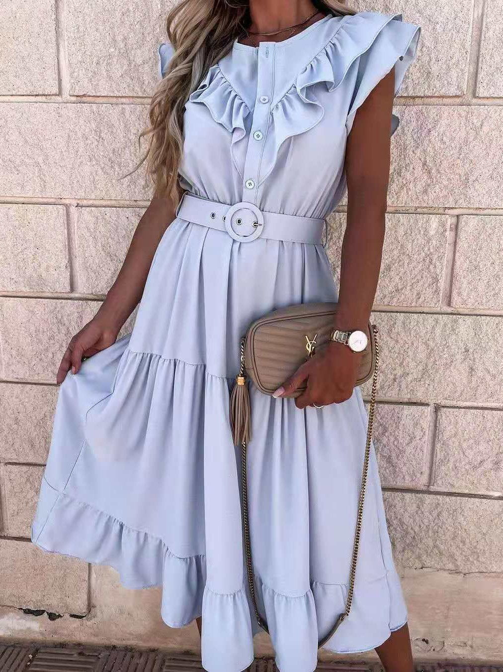 Casual Solid V-Neck Belt Short Sleeve Dress - Midi Dresses - INS | Online Fashion Free Shipping Clothing, Dresses, Tops, Shoes - 16/06/2021 - 40-50 - Category_Midi Dresses