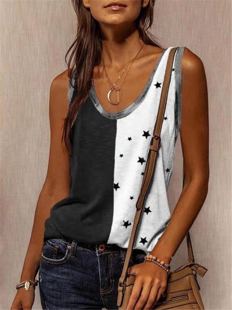Casual Star Print Colorblock Sleeveless Vest - Tank Tops - INS | Online Fashion Free Shipping Clothing, Dresses, Tops, Shoes - 10-20 - 18/06/2021 - color-black