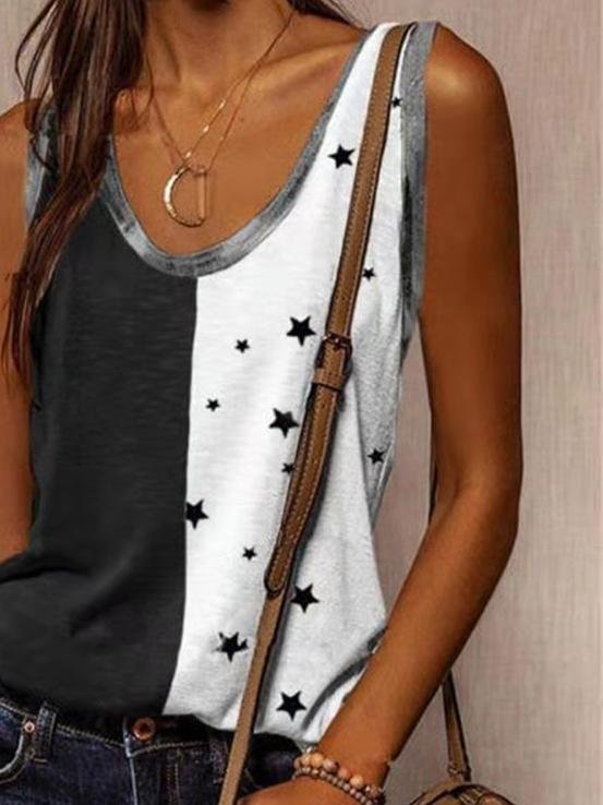 Casual Star Print Colorblock Sleeveless Vest - Tank Tops - INS | Online Fashion Free Shipping Clothing, Dresses, Tops, Shoes - 10-20 - 18/06/2021 - color-black