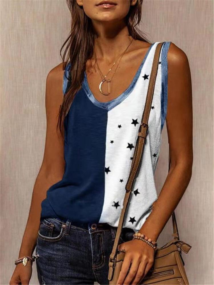 Casual Star Print Colorblock Sleeveless Vest - Tank Tops - INS | Online Fashion Free Shipping Clothing, Dresses, Tops, Shoes - 10-20 - 18/06/2021 - color-black