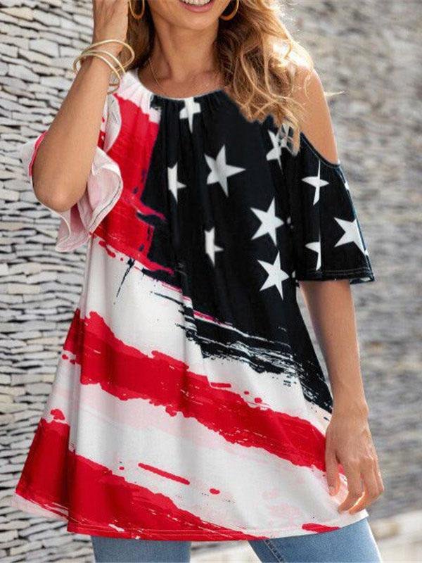 Casual Star Print Off-shoulder Crew Neck Top - T-shirts - INS | Online Fashion Free Shipping Clothing, Dresses, Tops, Shoes - 04/06/2021 - Color_Black - Color_Purple