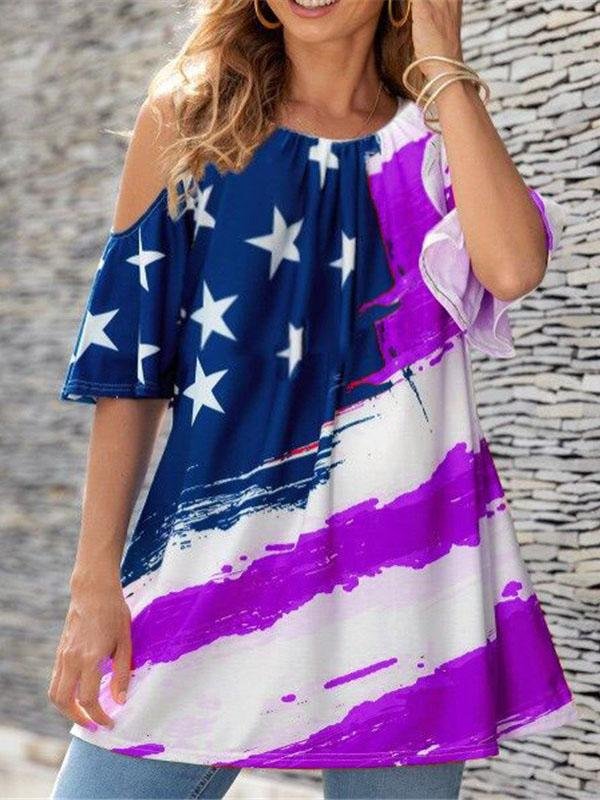 Casual Star Print Off-shoulder Crew Neck Top - T-shirts - INS | Online Fashion Free Shipping Clothing, Dresses, Tops, Shoes - 04/06/2021 - Color_Black - Color_Purple