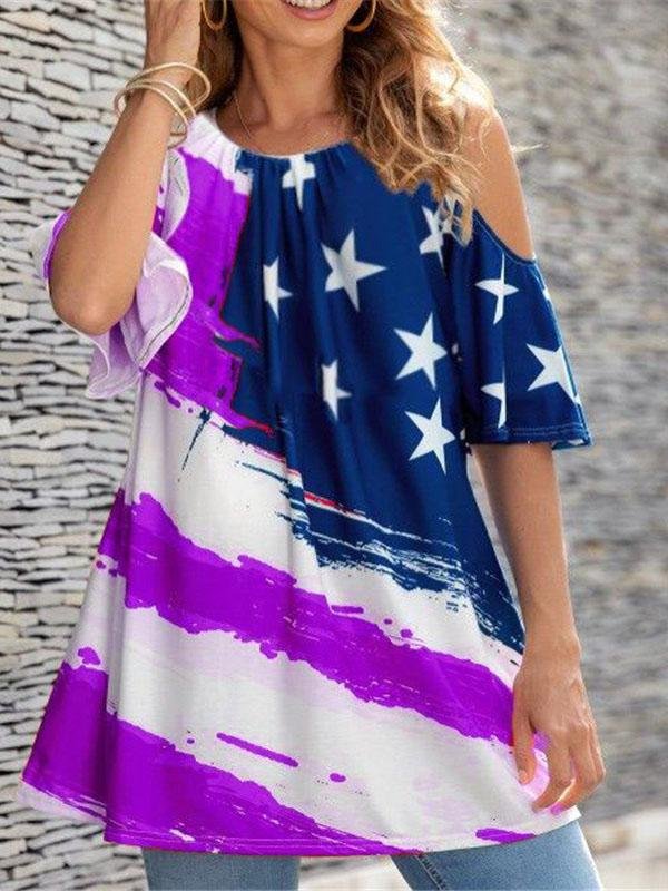 Casual Star Print Off-shoulder Crew Neck Top - T-shirts - INS | Online Fashion Free Shipping Clothing, Dresses, Tops, Shoes - 04/06/2021 - Color_Black - Color_Purple