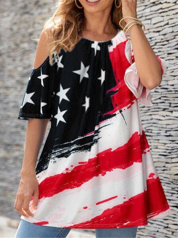 Casual Star Print Off-shoulder Crew Neck Top - T-shirts - INS | Online Fashion Free Shipping Clothing, Dresses, Tops, Shoes - 04/06/2021 - Color_Black - Color_Purple