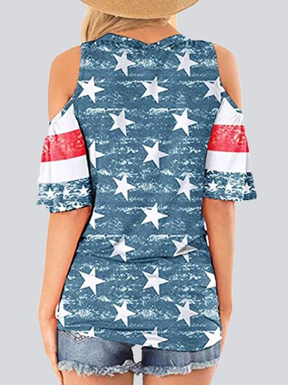 Casual Star Stripe Off-shoulder Button Top T-shirt - T Shirts - INS | Online Fashion Free Shipping Clothing, Dresses, Tops, Shoes - 05/22/2021 - Category_T Shirts - Color_Blue
