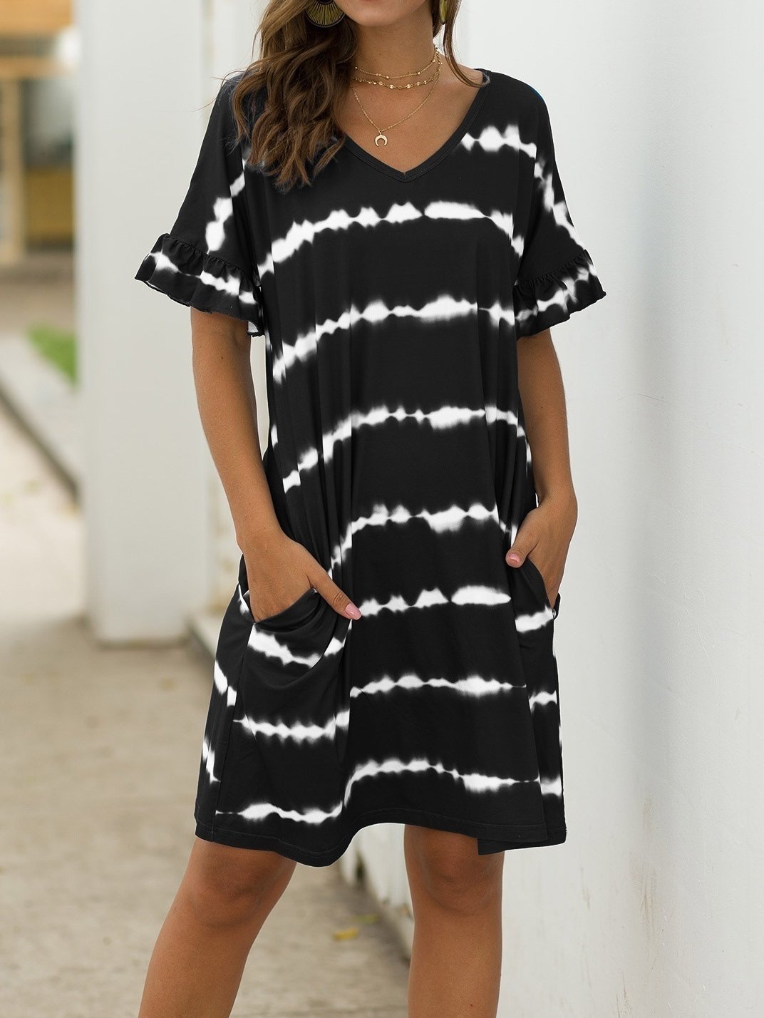 Casual Striped Tie-dye Short Dress - Mini Dresses - INS | Online Fashion Free Shipping Clothing, Dresses, Tops, Shoes - 24/05/2021 - Color_Black - Color_Blue