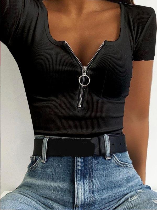 Casual Threaded Zip Decorated Short Sleeve T-shirt - 17.99 - INS | Online Fashion Free Shipping Clothing, Dresses, Tops, Shoes - 02/07/2021 - 10-20 - color-black