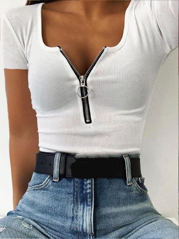 Casual Threaded Zip Decorated Short Sleeve T-shirt - 17.99 - INS | Online Fashion Free Shipping Clothing, Dresses, Tops, Shoes - 02/07/2021 - 10-20 - color-black