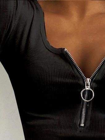 Casual Threaded Zip Decorated Short Sleeve T-shirt - 17.99 - INS | Online Fashion Free Shipping Clothing, Dresses, Tops, Shoes - 02/07/2021 - 10-20 - color-black