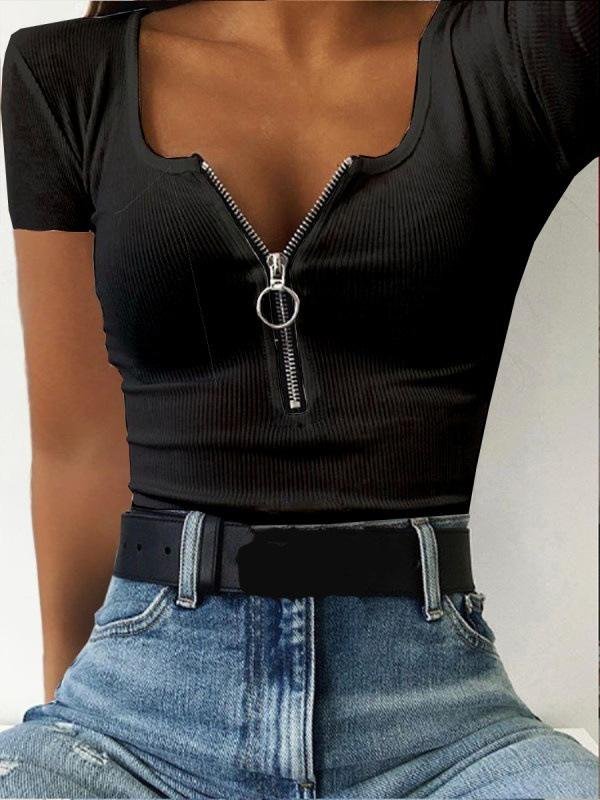 Casual Threaded Zip Decorated Short Sleeve T-shirt - 17.99 - INS | Online Fashion Free Shipping Clothing, Dresses, Tops, Shoes - 02/07/2021 - 10-20 - color-black