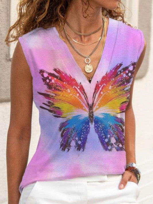 Casual Tie-dye Butterfly Print V-neck Sleeveless Vest - Tank Tops - INS | Online Fashion Free Shipping Clothing, Dresses, Tops, Shoes - 10-20 - 13/07/2021 - color-blue