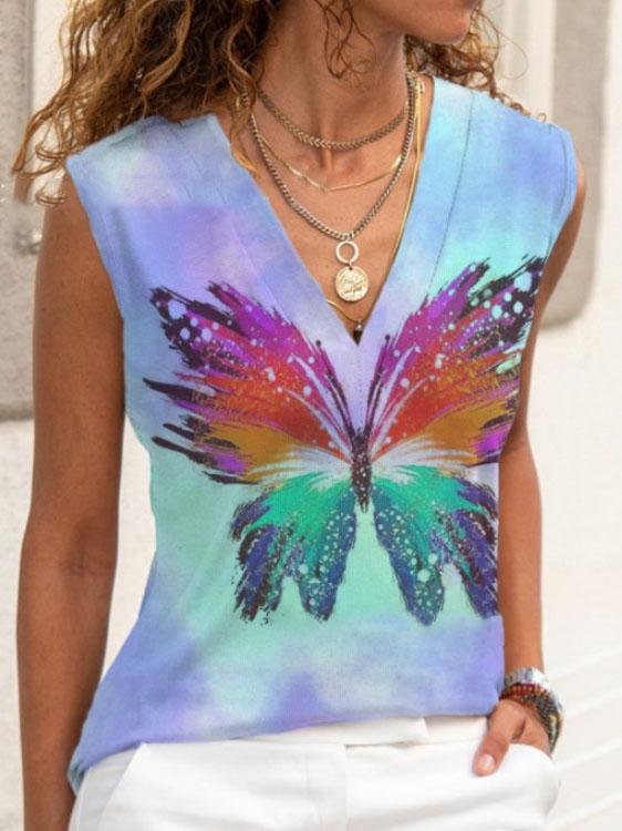 Casual Tie-dye Butterfly Print V-neck Sleeveless Vest - Tank Tops - INS | Online Fashion Free Shipping Clothing, Dresses, Tops, Shoes - 10-20 - 13/07/2021 - color-blue
