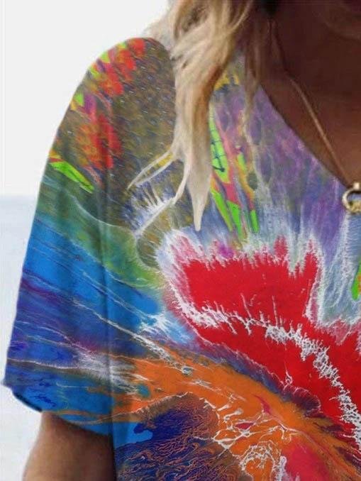 Casual Tie-dyed Print V-neck T-shirt - T-shirts - INS | Online Fashion Free Shipping Clothing, Dresses, Tops, Shoes - 08/06/2021 - Color_Blue - Color_Orange
