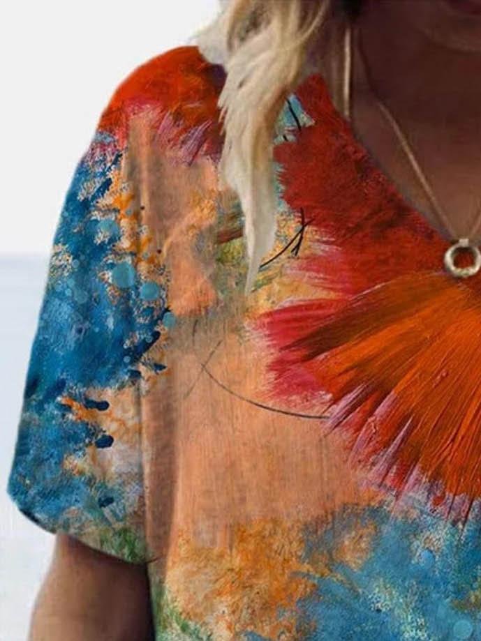 Casual Tie-dyed Print V-neck T-shirt - T-shirts - INS | Online Fashion Free Shipping Clothing, Dresses, Tops, Shoes - 08/06/2021 - Color_Blue - Color_Orange
