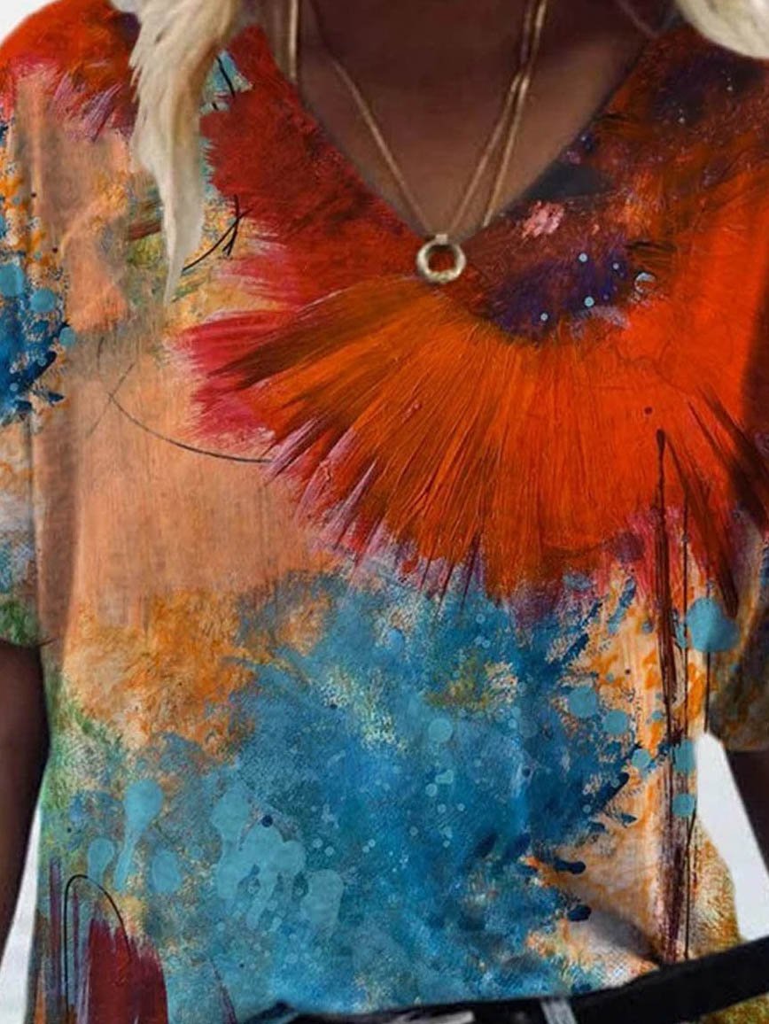 Casual Tie-dyed Print V-neck T-shirt - T-shirts - INS | Online Fashion Free Shipping Clothing, Dresses, Tops, Shoes - 08/06/2021 - Color_Blue - Color_Orange