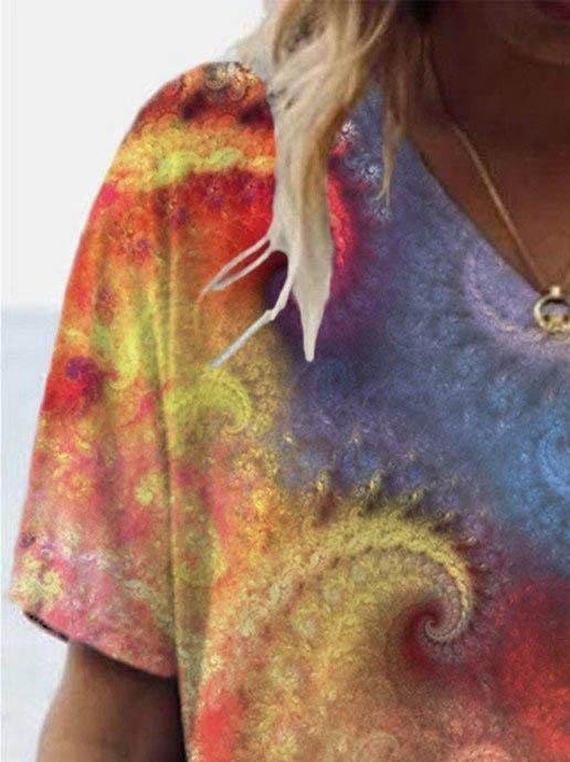 Casual Tie-dyed Print V-neck T-shirt - T-shirts - INS | Online Fashion Free Shipping Clothing, Dresses, Tops, Shoes - 08/06/2021 - Color_Blue - Color_Orange