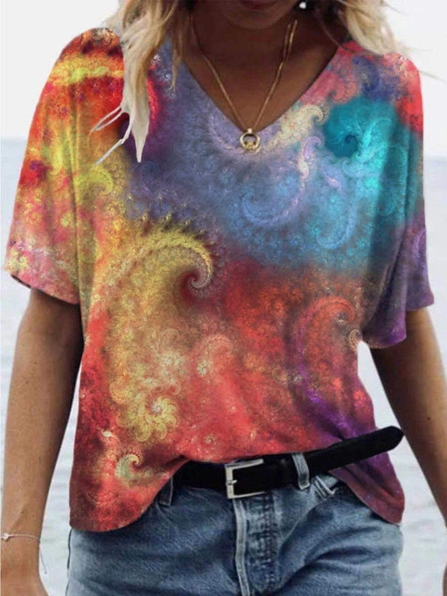 Casual Tie-dyed Print V-neck T-shirt - T-shirts - INS | Online Fashion Free Shipping Clothing, Dresses, Tops, Shoes - 08/06/2021 - Color_Blue - Color_Orange