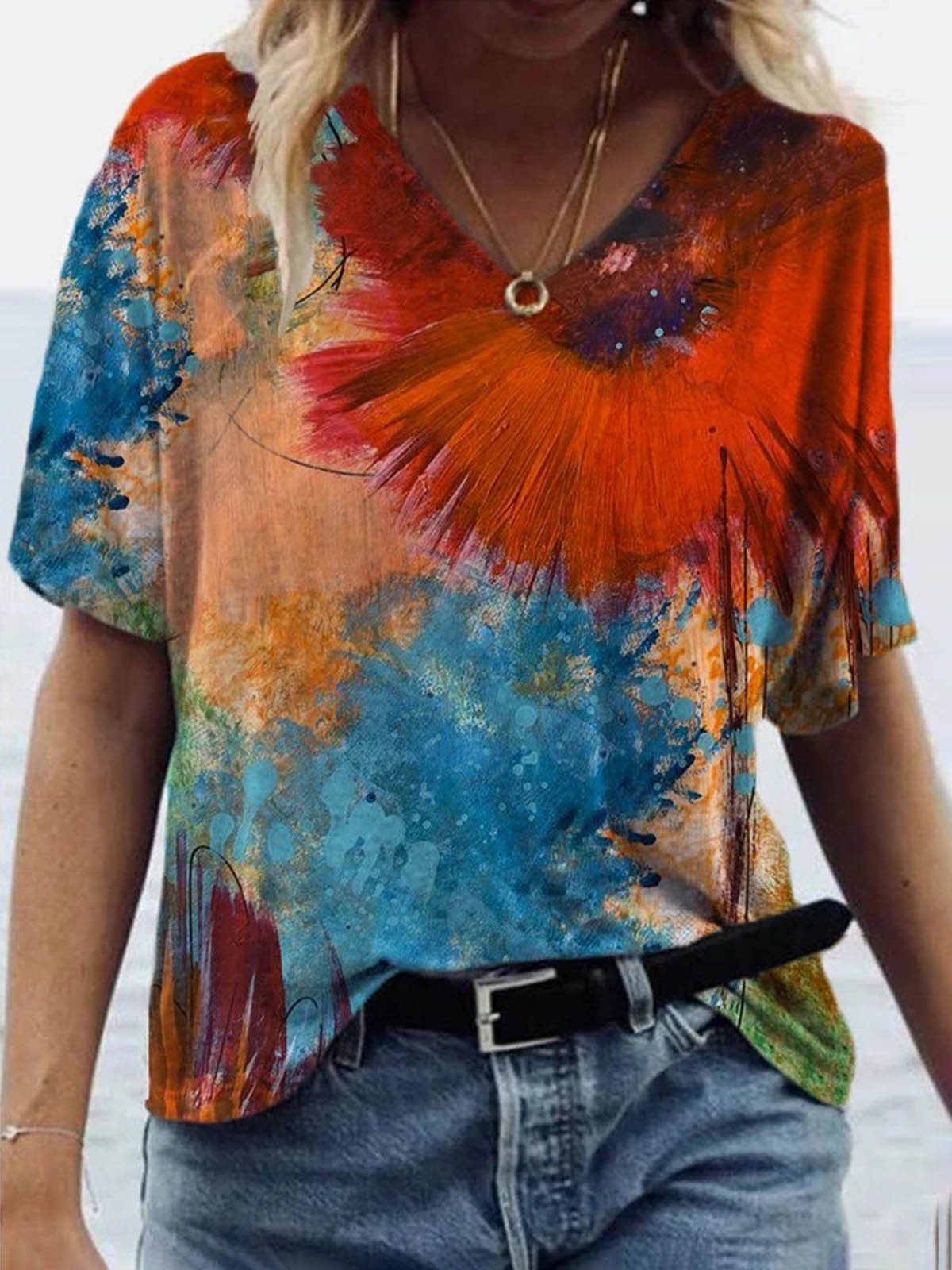 Casual Tie-dyed Print V-neck T-shirt - T-shirts - INS | Online Fashion Free Shipping Clothing, Dresses, Tops, Shoes - 08/06/2021 - Color_Blue - Color_Orange