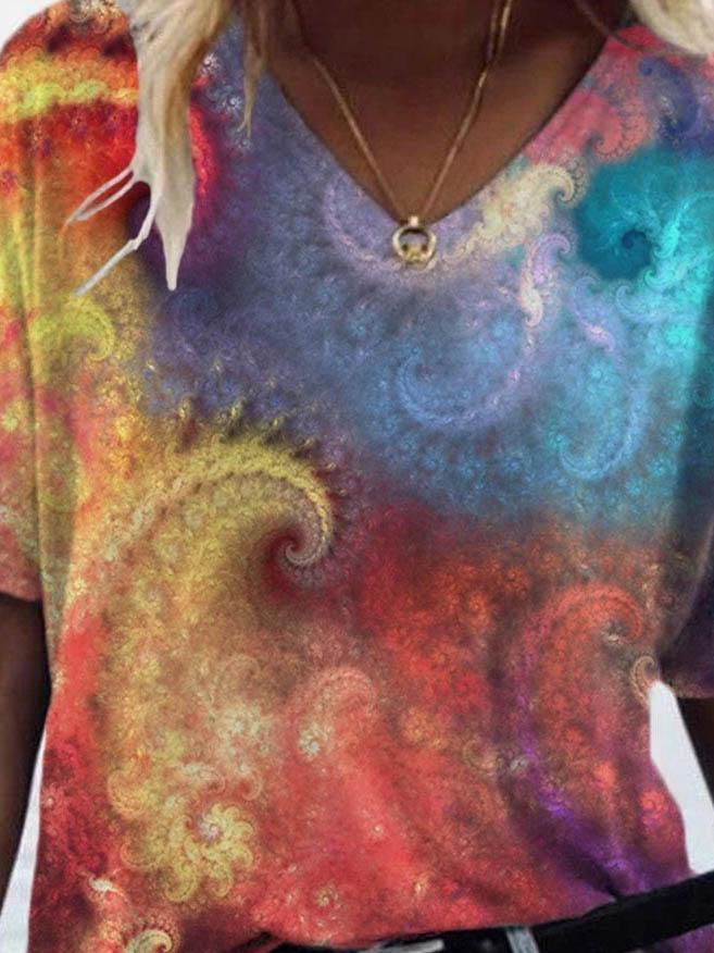 Casual Tie-dyed Print V-neck T-shirt - T-shirts - INS | Online Fashion Free Shipping Clothing, Dresses, Tops, Shoes - 08/06/2021 - Color_Blue - Color_Orange