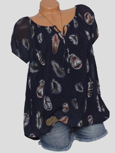 Casual V-neck Feather Print Short-sleeved Shirt - Blouses - INS | Online Fashion Free Shipping Clothing, Dresses, Tops, Shoes - 10-20 - 20/07/2021 - BLO2107201207