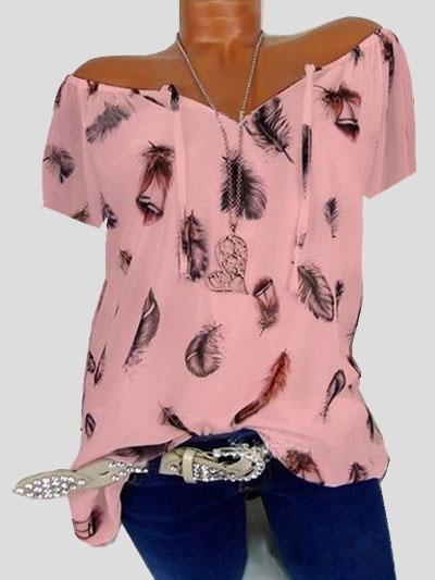 Casual V-neck Feather Print Short-sleeved Shirt - Blouses - INS | Online Fashion Free Shipping Clothing, Dresses, Tops, Shoes - 10-20 - 20/07/2021 - BLO2107201207