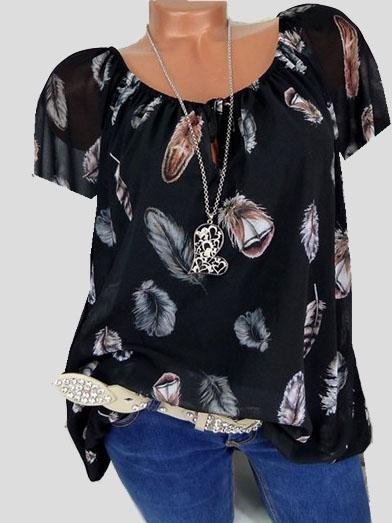Casual V-neck Feather Print Short-sleeved Shirt - Blouses - INS | Online Fashion Free Shipping Clothing, Dresses, Tops, Shoes - 10-20 - 20/07/2021 - BLO2107201207