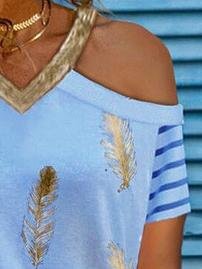 Casual V-neck Feather Print T-shirt - T-shirts - INS | Online Fashion Free Shipping Clothing, Dresses, Tops, Shoes - 07/06/2021 - Color_Blue - Color_Pink