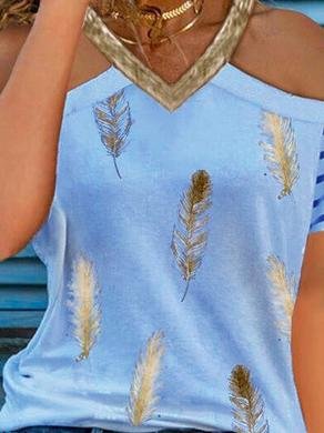 Casual V-neck Feather Print T-shirt - T-shirts - INS | Online Fashion Free Shipping Clothing, Dresses, Tops, Shoes - 07/06/2021 - Color_Blue - Color_Pink