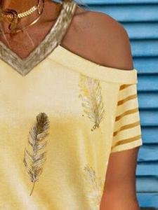 Casual V-neck Feather Print T-shirt - T-shirts - INS | Online Fashion Free Shipping Clothing, Dresses, Tops, Shoes - 07/06/2021 - Color_Blue - Color_Pink