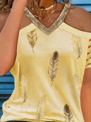 Casual V-neck Feather Print T-shirt - T-shirts - INS | Online Fashion Free Shipping Clothing, Dresses, Tops, Shoes - 07/06/2021 - Color_Blue - Color_Pink